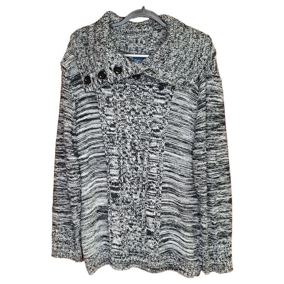 NEW Karen Scott XL Cable Knit Pullover Black Marble Sweater Button Drape Collar - Picture 4 of 10